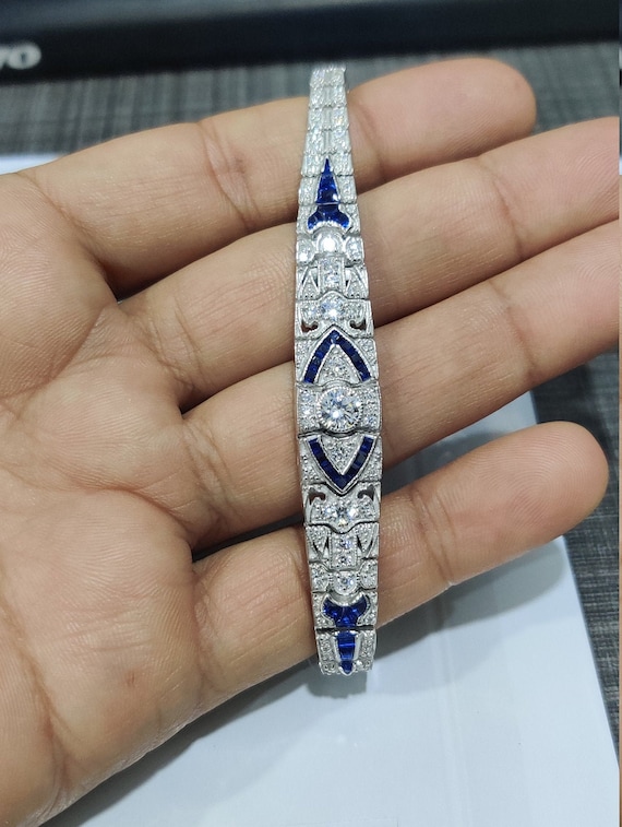 Art Deco Moissanite Bracelet: White Blue Sapphire, Sterling Silver