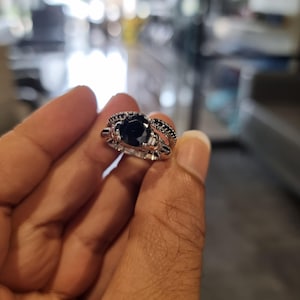 Skull Sterling Silver Moissanite Ring Set: Black Round Cut Wedding Band