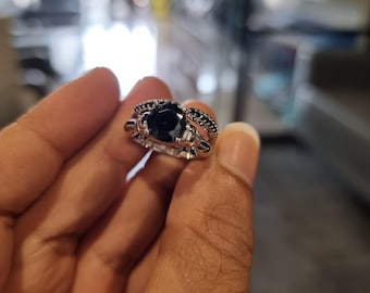 Skull Sterling Silver Moissanite Ring Set: Black Round Cut Wedding Band