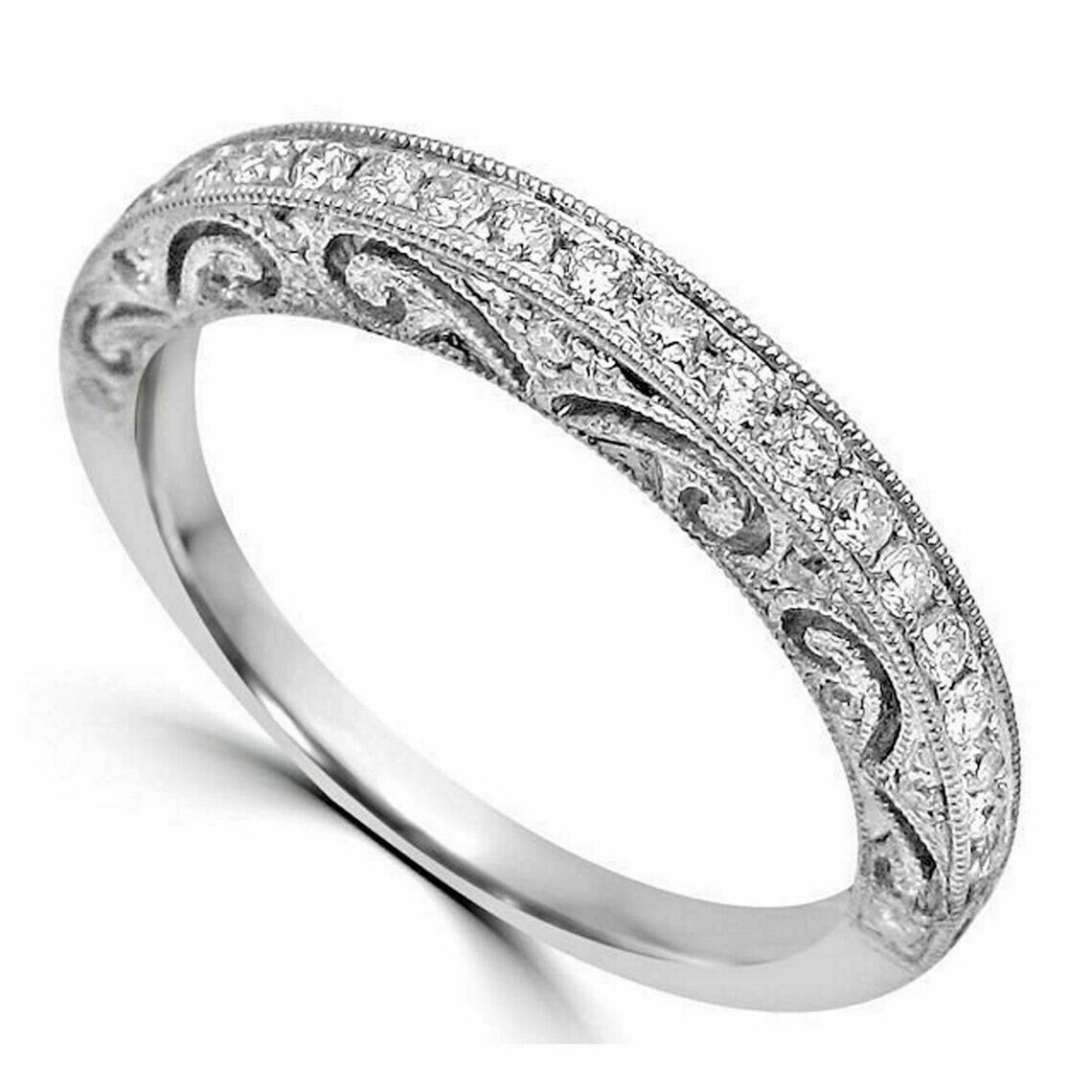 Vintage Moissanite Wedding Band: Art Deco 14KT White Gold Stacking Ring