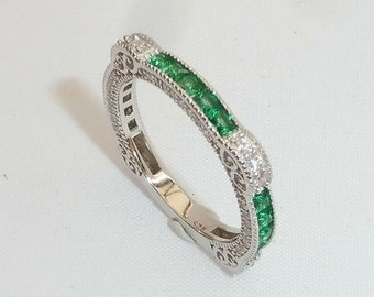 Art Deco Argentium Silver Ring: Diamond & Simulated Emerald Stackable Band