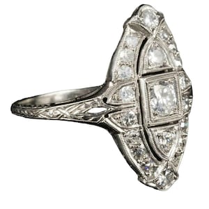 Edwardian Moissanite Ring: Three-Stone Filigree Art Deco Engagement Ring