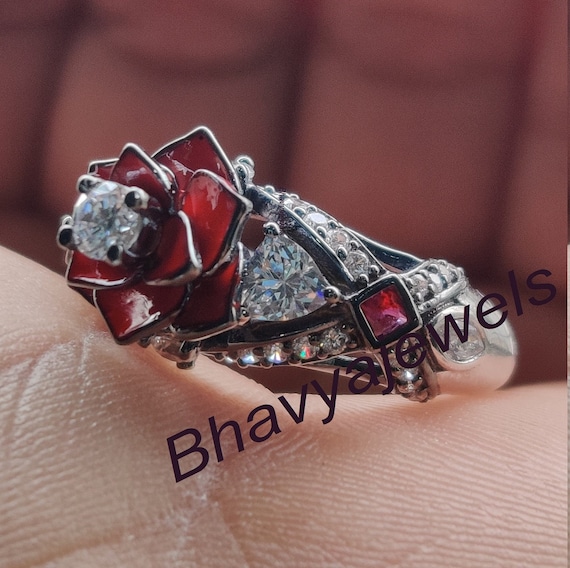 Unique Rose Promise Rings for Her Red Rose Flower Design Rings