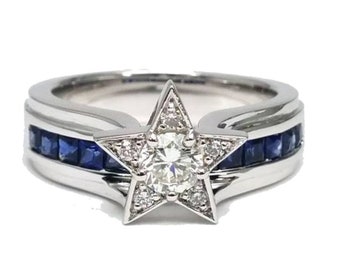 Moissanite Star Ring: Sterling Silver, Sapphire Accent - Dallas Cowboys Style