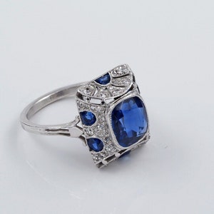 Vintage Art Deco Argentium Silver Ring: Blue Sapphire, Milgrain Engagement Ring