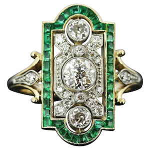 Vintage Art Deco Ring, Three Stone Ring, 1.80 CT Round Cut Moissanite Diamond & Green Emerald Anniversary Ring, Antique Ring, 14K Solid Gold