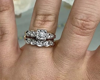 1950s Art Deco Ring Set, 0.50 Ct Round Cut Moissanite Diamond 
