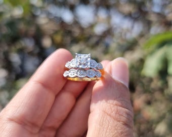 Art Deco Moissaniet-ringset uit de jaren 50: 14 kt geelgouden vintage bruidsringen