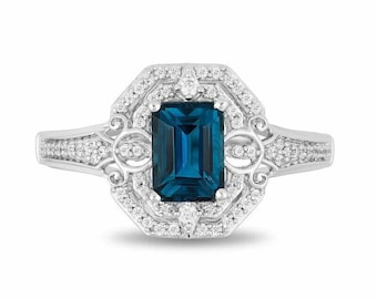 London Blue Topaz Ring: Sterling Silver Diamond Cinderella Ring