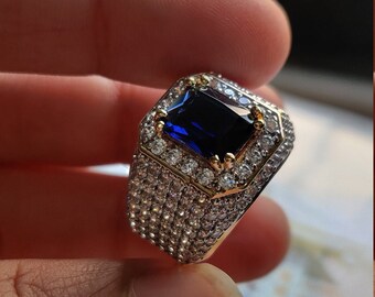 Emerald Cut Blue Sapphire Ring: 4 Ct, 14K Gold & Sterling Silver