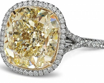 12.66 Carat Cushion Cut Canary Yellow Moissanite Ring: Sterling Silver Moissanite Diamond Halo