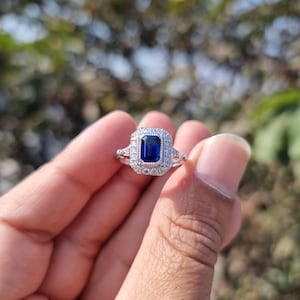 Vintage Art Deco Sapphire Ring: Halo Lab Diamond, 925 Sterling Silver