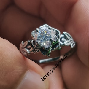 Lotus Ring, Flower Leaf Ring, Rose Flower Ring, 1 CT Round Cut Moissanite Ring, Black Engagement Ring, Wedding For Women&#39;s, Solitaire Ring