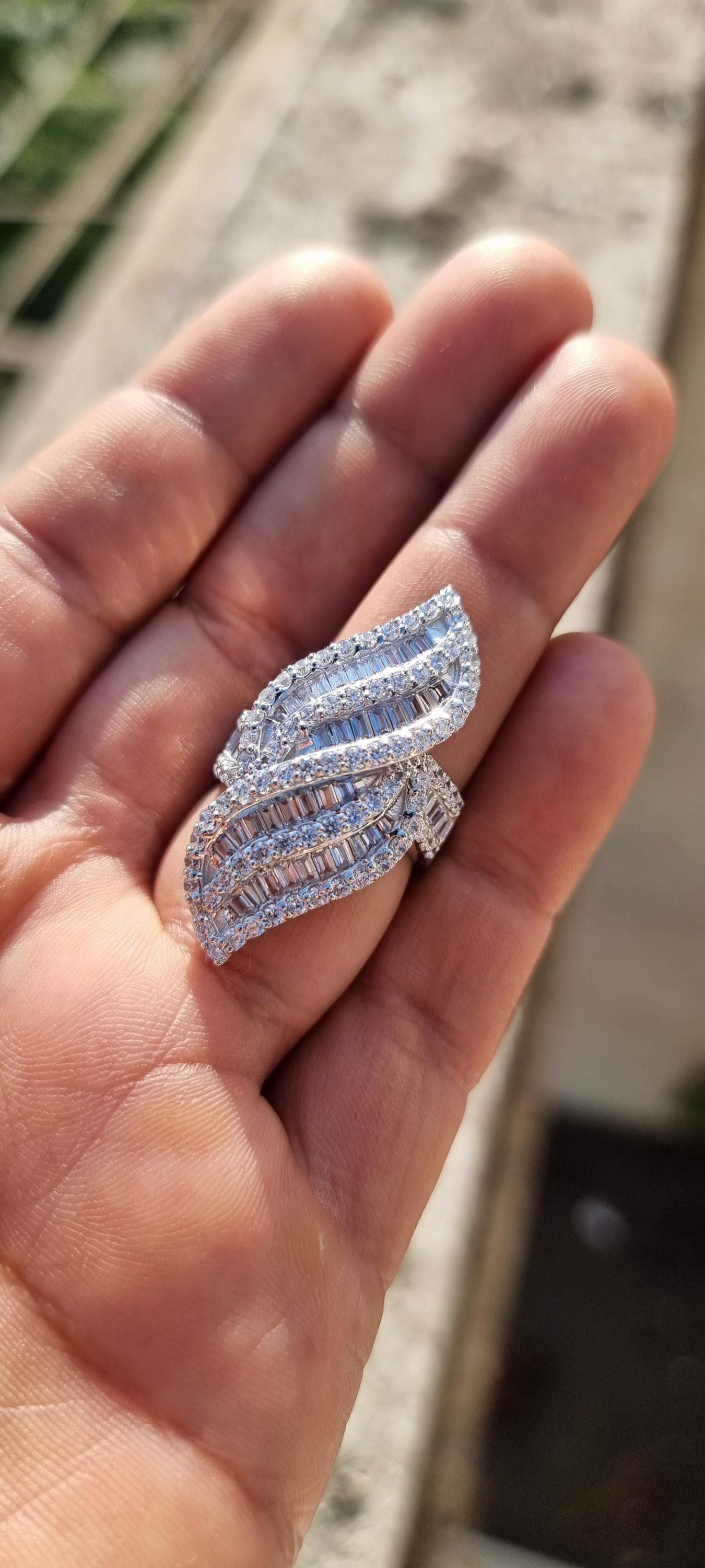 Huge Cluster Wave Fashion Huge Ring, 4 CT Baguette & Round