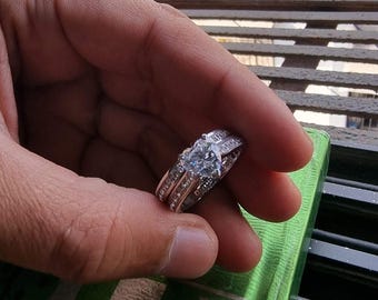 Heart Cut Moissanite Ring Set: Argentium Silver Half Eternity Bridal Set