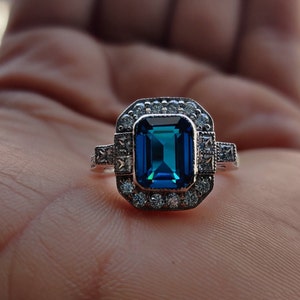 2.50 CT Emerald Cut London Blue Topaz Engagement Ring / Art-deco Ring ...