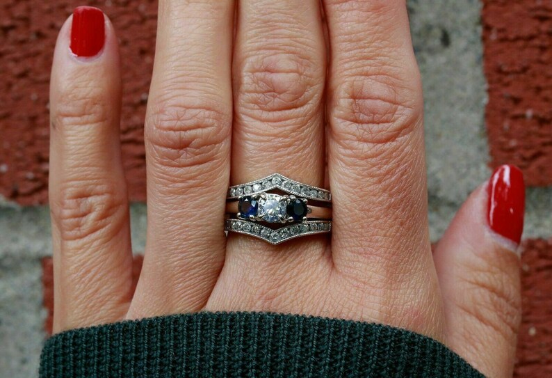 Enhancer Wrap Wedding Ring* 2.46 CT Round Cut Diamond Ring* Three Stone Ring* 925 Solid Silver Ring* Engagement Ring* Blue Sapphire Ring