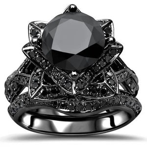 3.20 Carat Black Round Cut Moissanite Ring Set / Lotus Flower Engagement & Wedding Ring Set / Black Sterling Silver / Flower Bridal Ring Set