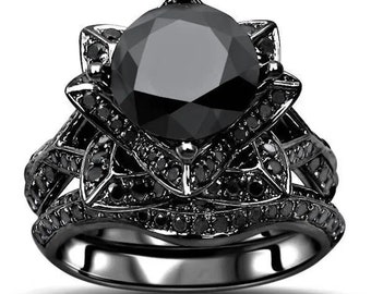 3.20 Carat Black Round Cut Moissanite Ring Set / Lotus Flower Engagement & Wedding Ring Set / Black Sterling Silver / Flower Bridal Ring Set