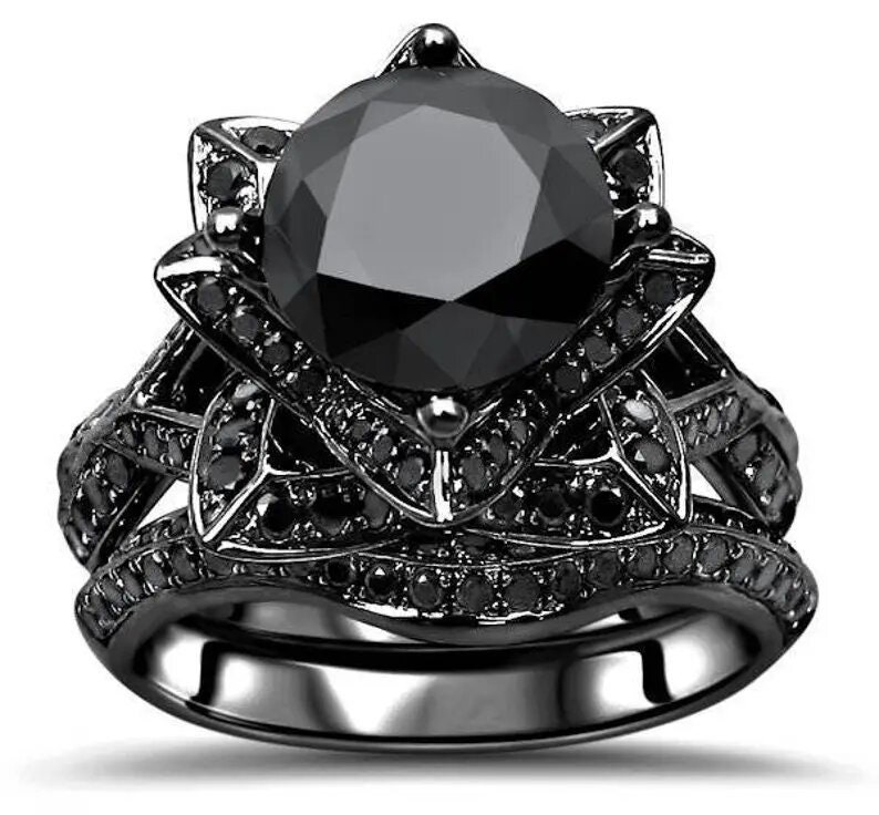 Black Moissanite Lotus Flower Ring Set