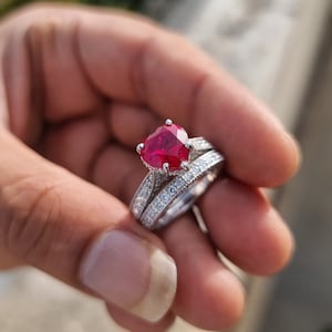2.00 Ct Heart Shape Red Ruby Simulated Diamond Engagement Ring Set, Wedding Band Set, 14KT White Gold Ring, Valentine Gift for Girlfriend