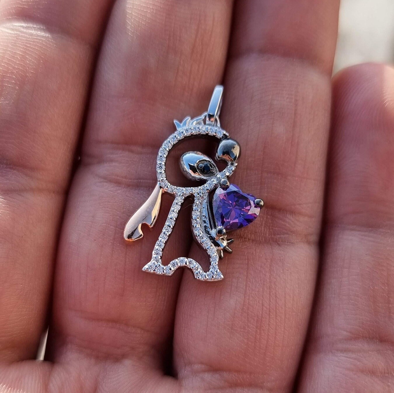 Disney Treasures Lilo & Stitch Pendant, Heart Amethyst CZ Pendant in 925  Sterling Silver, Necklace Chain 16 Inches, Anniversary Gift for Her 