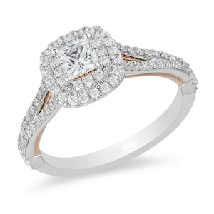 Enchanted Disney Belle Ring, 1.25 CT Princess Cut Moissanite Diamond Ring, Double Halo Frame Rose Engagement Ring, 925 Sliver, Promise Ring