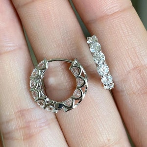 Huggie Hoop Earrings, 14K White Gold Earrings, Colorless Round Cut Moissanite Hoop Earrings, Anniversary Gifts, Huggie Hoop Bridal Earrings