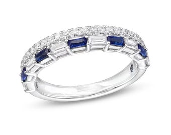 Lab Diamond & Blue Sapphire Ring: 14K White Gold Wedding Band