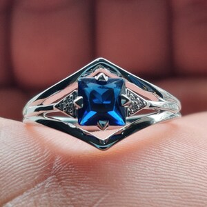 Princess Cut Sapphire Engagement Ring: Sterling Silver Anniversary Ring