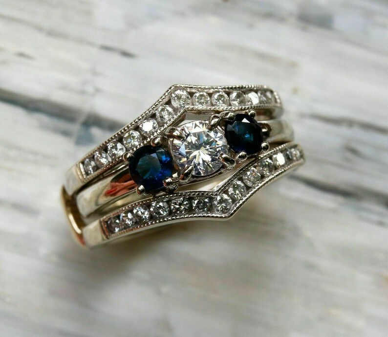 Enhancer Wrap Wedding Ring* 2.46 CT Round Cut Diamond Ring* Three Stone Ring* 925 Solid Silver Ring* Engagement Ring* Blue Sapphire Ring