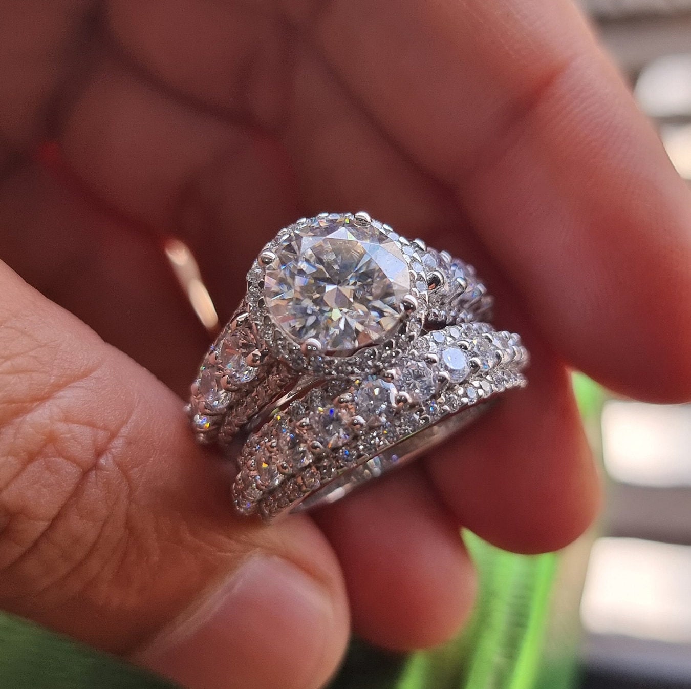 Vintage Moissanite Halo Bridal Set: 925 Silver Engagement Ring
