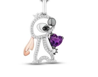 Colgante de Lilo y Stitch de Disney, corazón de amatista y circonita cúbica, collar de plata de ley