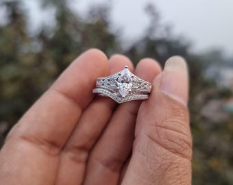 Vintage Art Deco Marquise Moissanite Ring Set: 935 Argentium Silver Bridal Gift