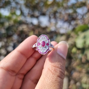 Handmade Art Deco Ruby Ring: Vintage Milgrain Sterling Silver Engagement Ring