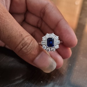 Era 1920-25 Vintage Art Deco Ring, Sapphire & Diamond Ring, 935 Argentium Silver, 2.67 Carat Halo Diamond Ring, Estate Wedding Ring Jewelry