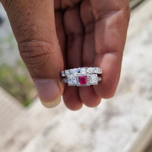1890&#39;s Retro Vintage Ring Set, Halo Bridal Set Ring, 2 CT Ruby & Simulated Diamond Ring Set, Art Deco Wedding Ring Set in Solid 925 Silver