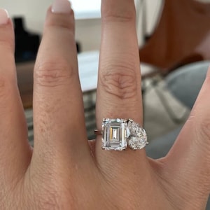 Toi et Moi-ring, verlovingsring met twee stenen, geboortesteenring, ring met smaragd en peer, jubileumring, Moissanite Toi-et-Moi-ring 6,00 CT