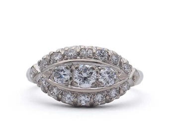 Edwardian Moissanite Ring: Art Deco Argentium Silver Three-Stone Engagement Ring
