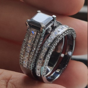 3.50 CT Black Moissanite Ring Set* Princess Cut Lab Diamond Ring Set* Engagement Ring* Wedding Band Set Gift To Bride* Black Sterling Silver