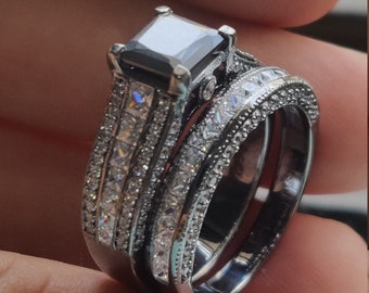 3.50 CT Black Moissanite Ring Set* Princess Cut Lab Diamond Ring Set* Engagement Ring* Wedding Band Set Gift To Bride* Black Sterling Silver