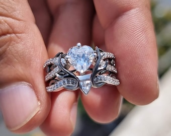 Hermoso conjunto de anillos de boda y compromiso de asta de ciervo / Conjunto de anillos de diamantes Moissanite en forma de corazón de 1,25 quilates / Conjunto de anillos nupciales / Regalo para esposa