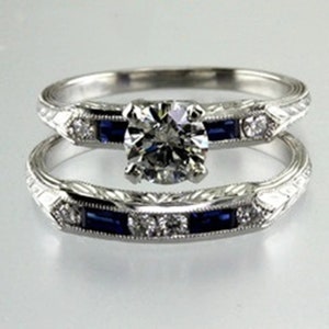Vintage Inspired Moissanite Engagement Ring Set: Sapphire Accent, Sterling Silver