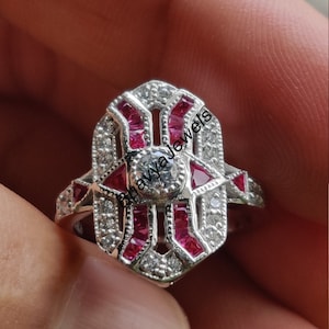 Art Deco Moissanite Engagement Ring: 10K White Gold, Red Ruby Accents