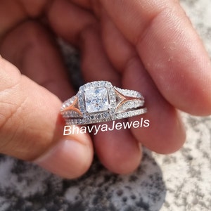 Halo Princess Cut Sterling Silver Engagement Ring Set