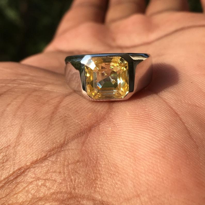 Handmade Sterling Silver Canary Yellow CZ Men's Signet Ring