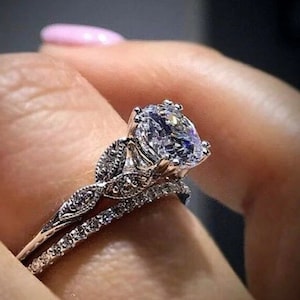 Moissanite Engagement Ring Set: 2.00 CT Round Cut, Leaf Design, Sterling Silver