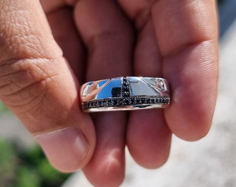 Star Wars The Mandalorian Men’s Ring, 1/5 Ct Simulated Black Diamond Ring, 14K White Gold Ring, Men&#39;s Wedding Special Ring, Men&#39;s Gift Ring