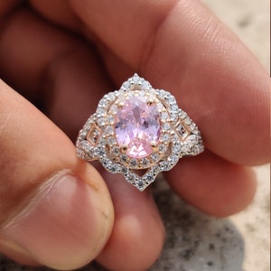 Enchanted Disney Aurora Ring, 0.75 CT Oval Cut Pink & Lab Diamond Ring, Scallop Frame Engagement Gift Ring, 14K White Gold Halo Frame Ring