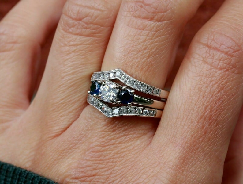 Enhancer Wrap Wedding Ring* 2.46 CT Round Cut Diamond Ring* Three Stone Ring* 925 Solid Silver Ring* Engagement Ring* Blue Sapphire Ring